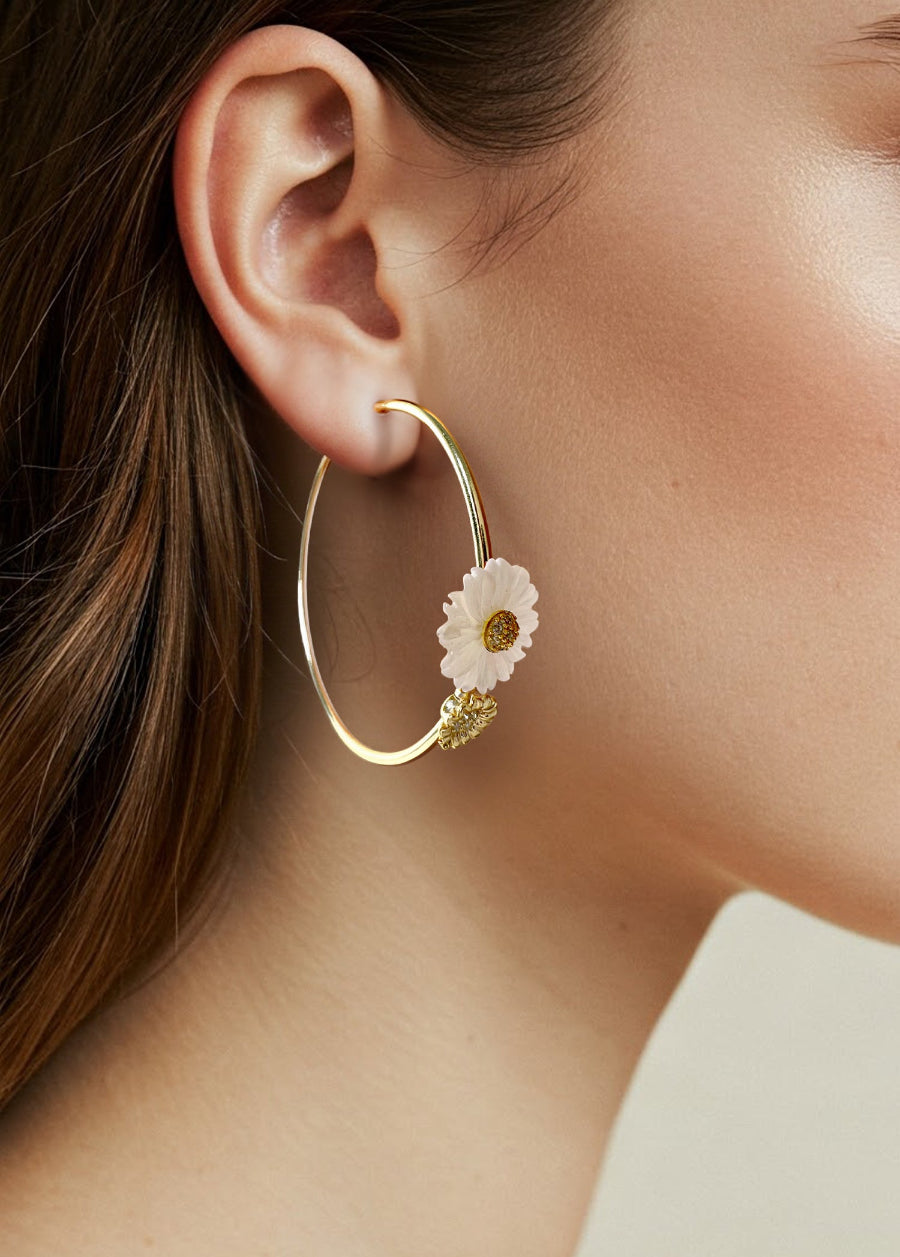 Daisy Flower with CZ 3/4 Hoop Earrings