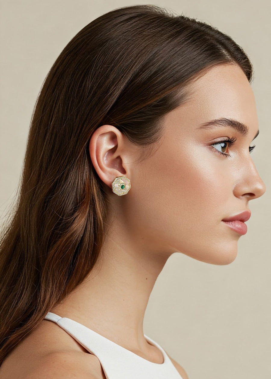 Mother of Pearl Inlay CZ Octagon Stud Earrings