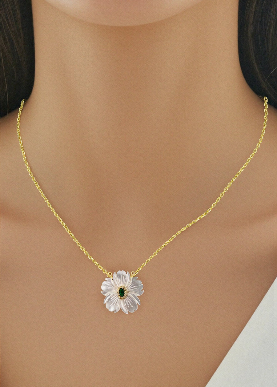 Floral Mother of Pearl with Green/Red CZ Pendant Necklace