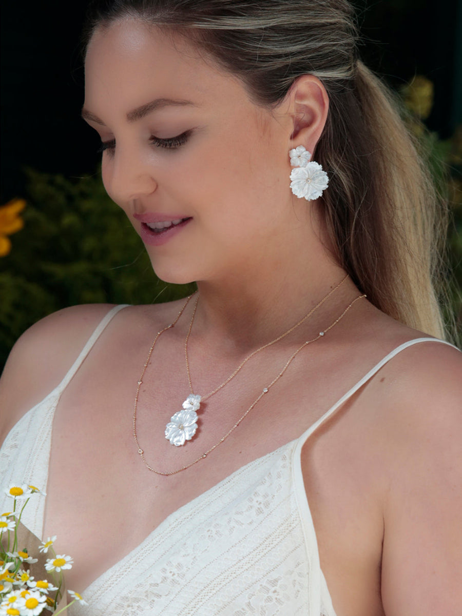 Double Flower Mother of Pearl Dangle Ear Jacket Earrings