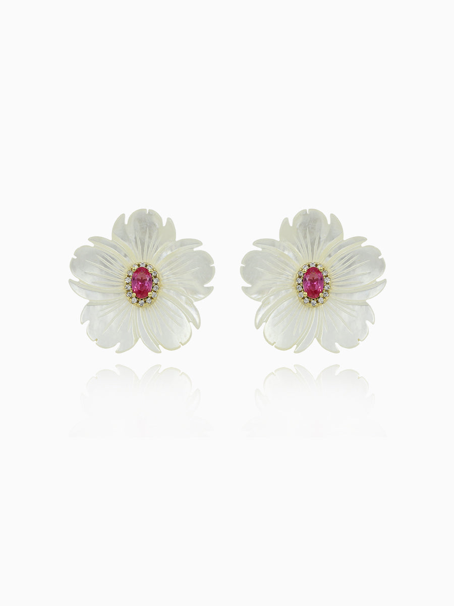 Mother of Pearl  Flower CZ Stud Earrings
