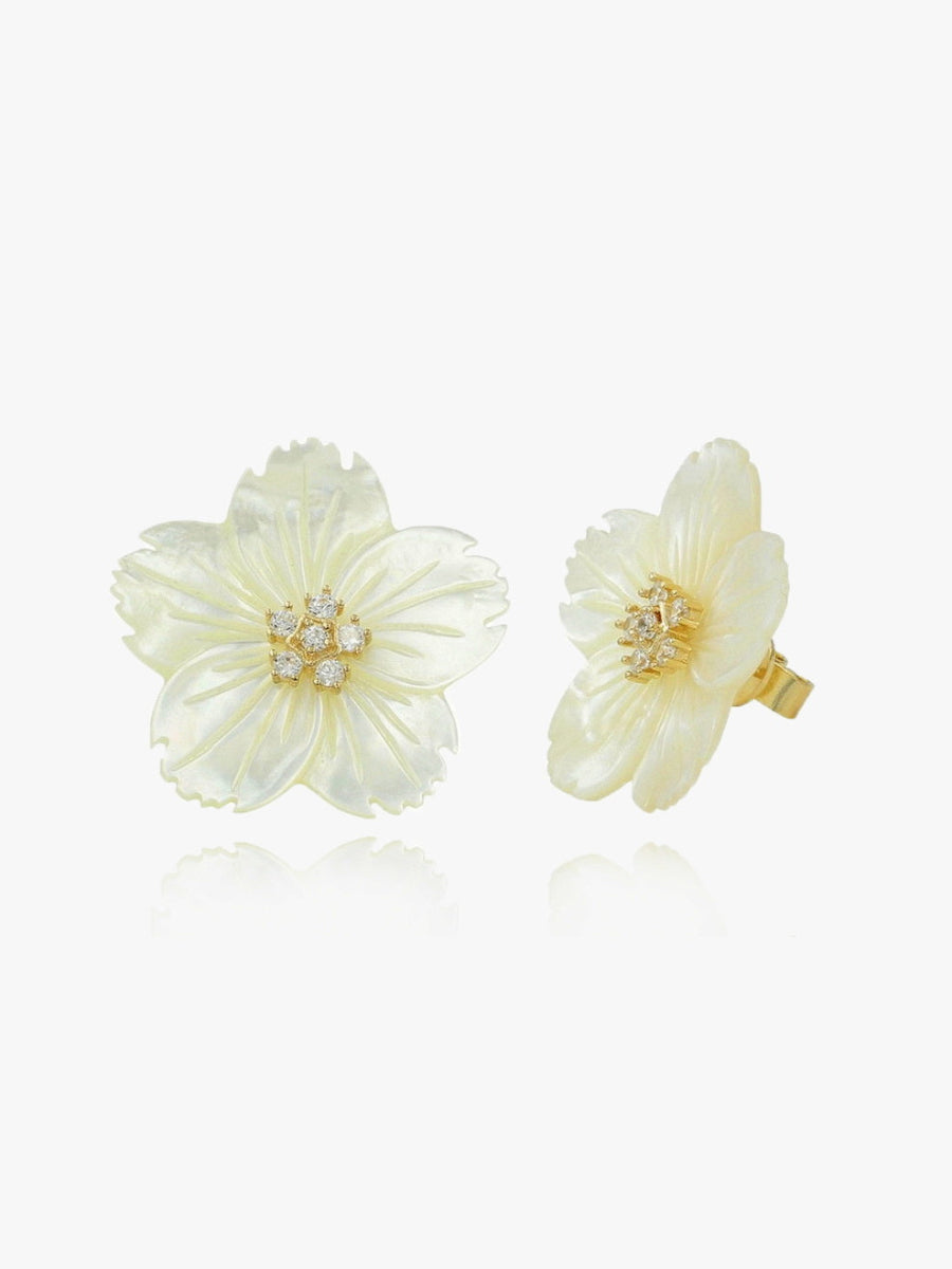 Mother of Pearl Carved Flower CZ Earrings