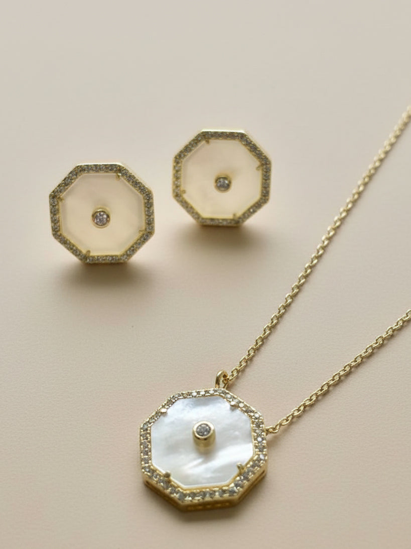 Mother of Pearl Octagon White CZ Necklace