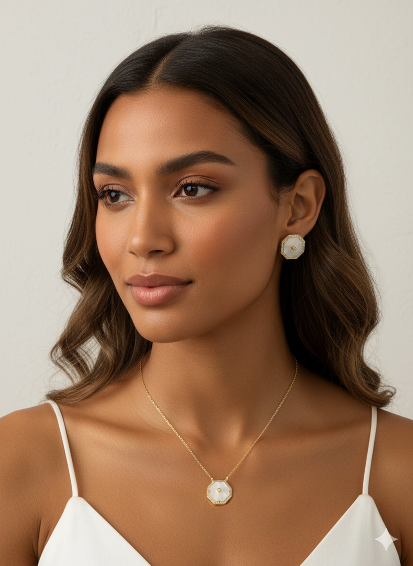 Mother of Pearl Octagon White CZ Necklace