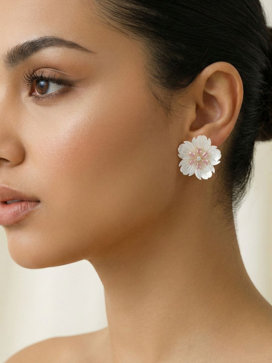 Vintage Mother of Pearl Flower Stud Earrings