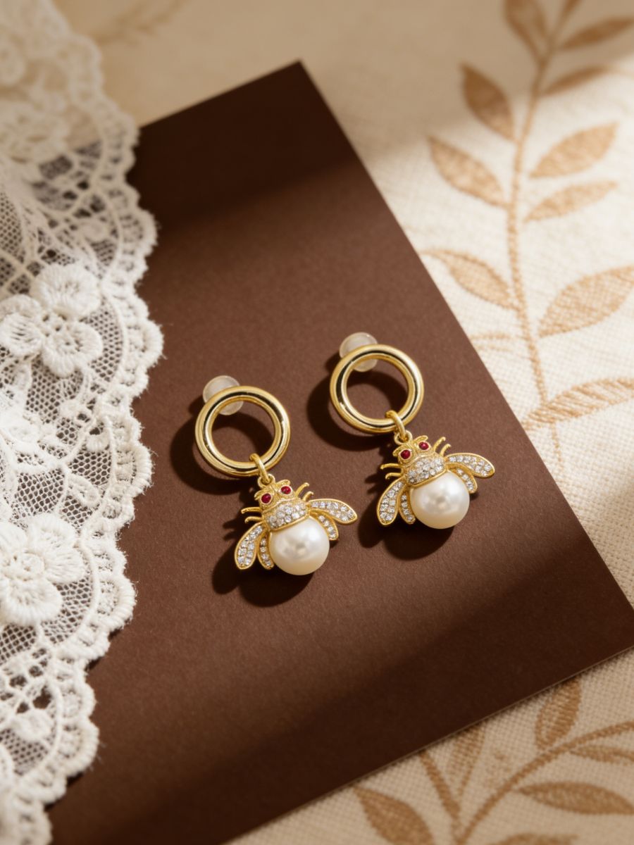 Adorable Fresh Water Pearl with CZ Bee Earrings