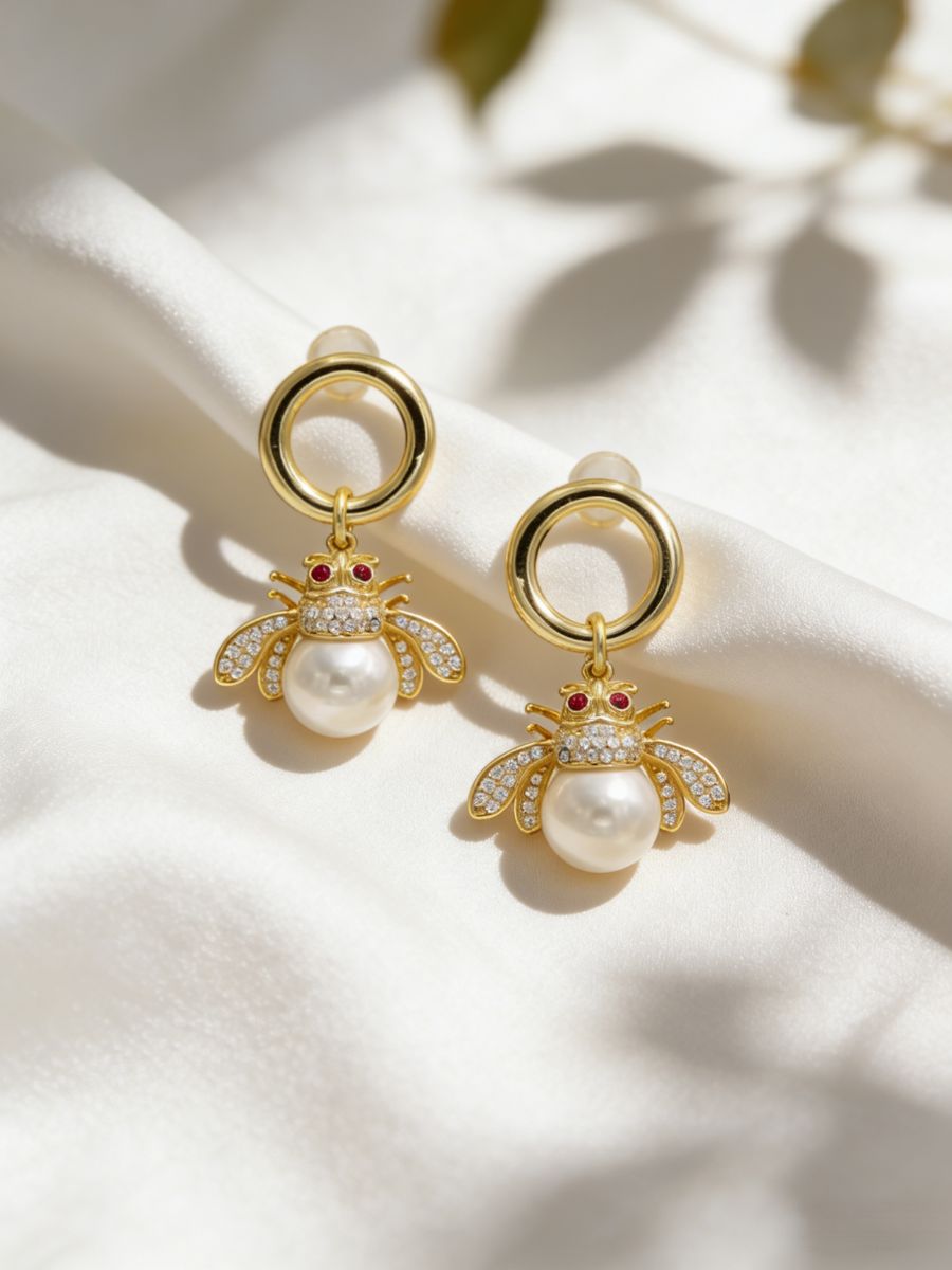 Adorable Fresh Water Pearl with CZ Bee Earrings