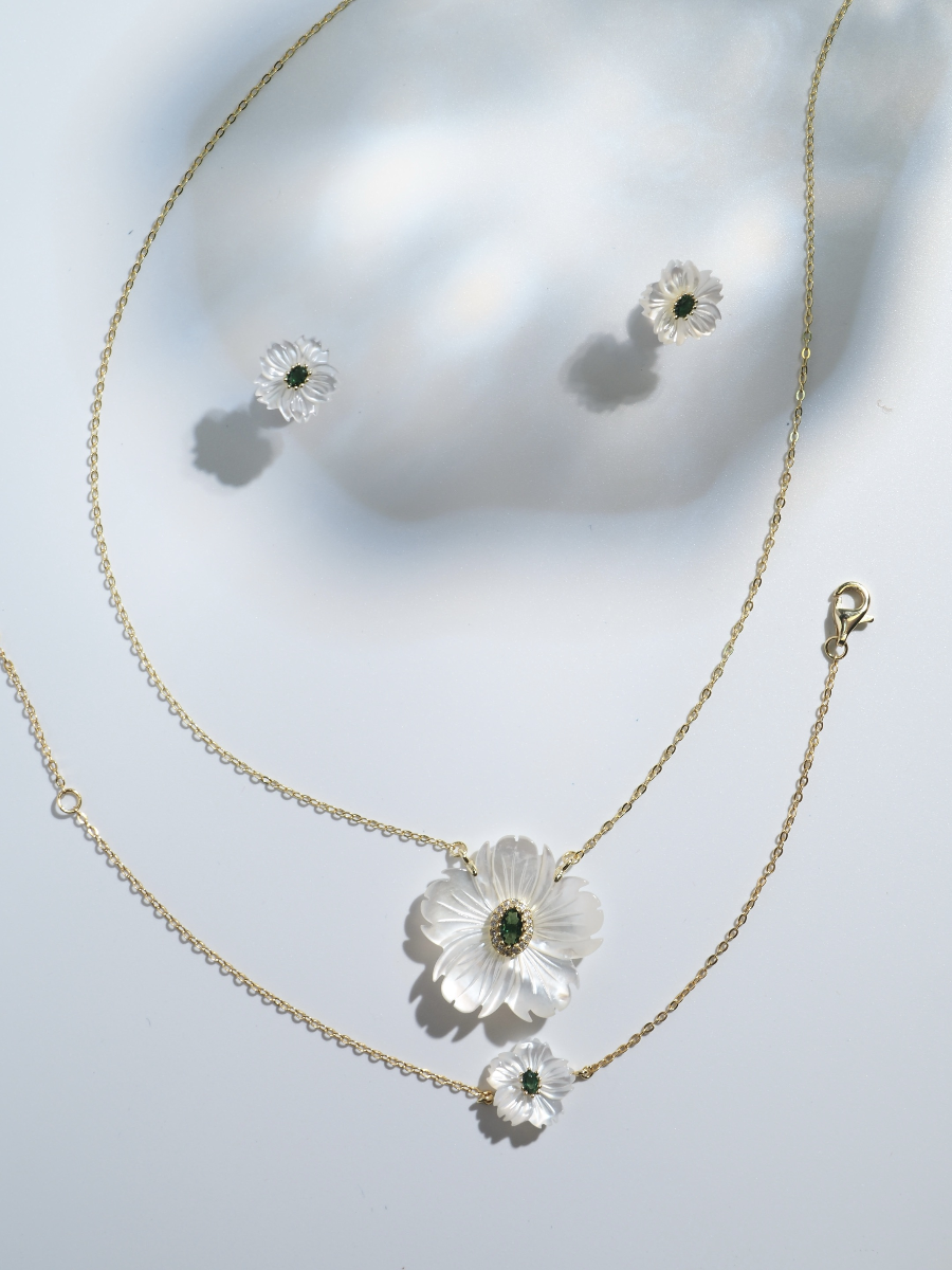 Floral Mother of Pearl with Green/Red CZ Pendant Necklace
