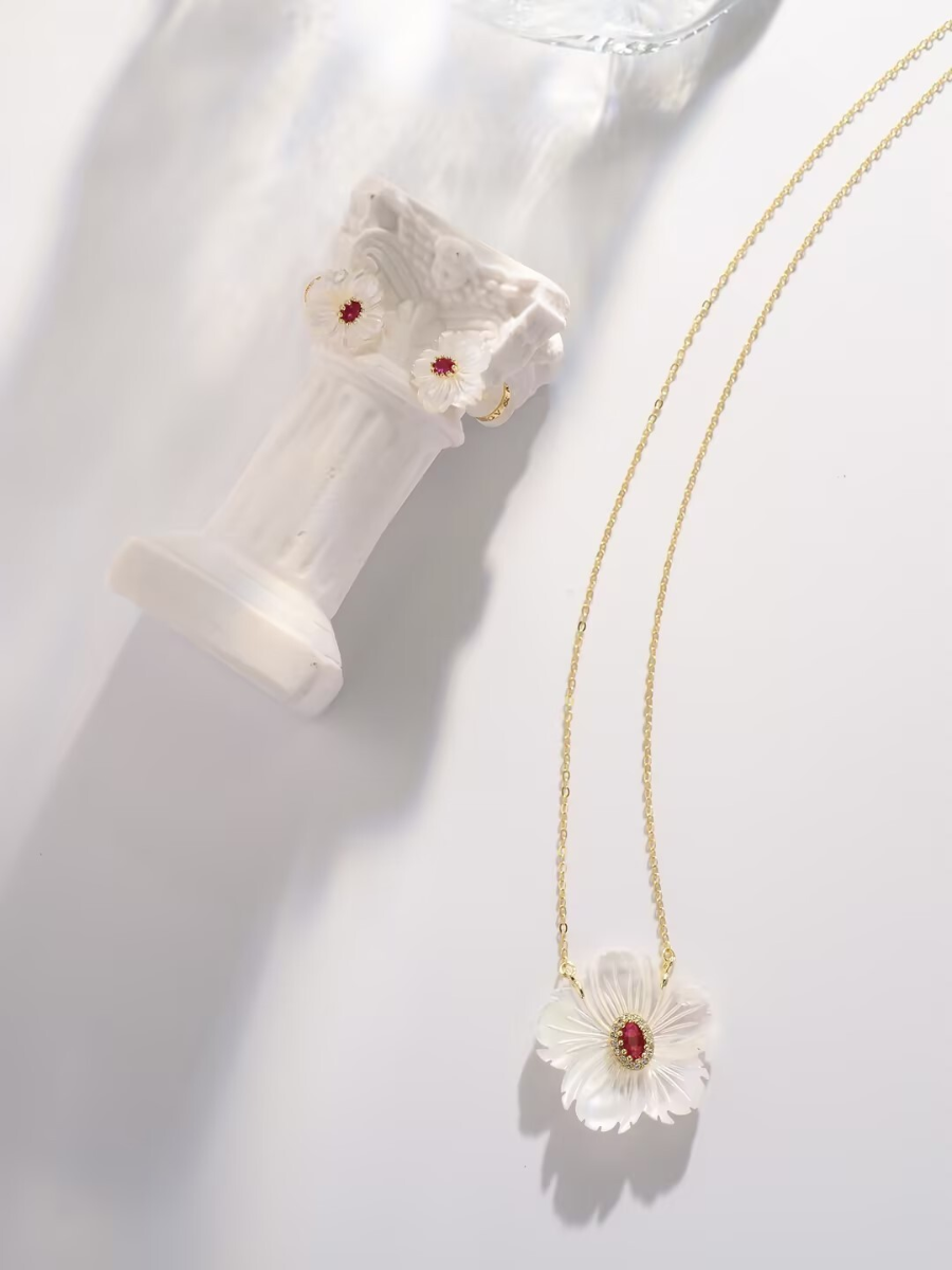 Floral Mother of Pearl with Green/Red CZ Pendant Necklace