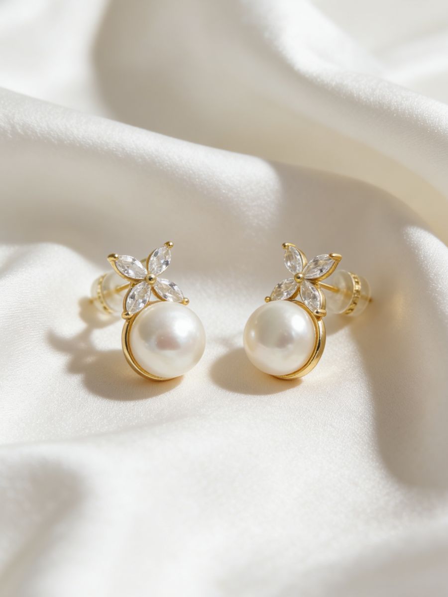 10MM Fresh Water Pearl with Flower CZ Earrings