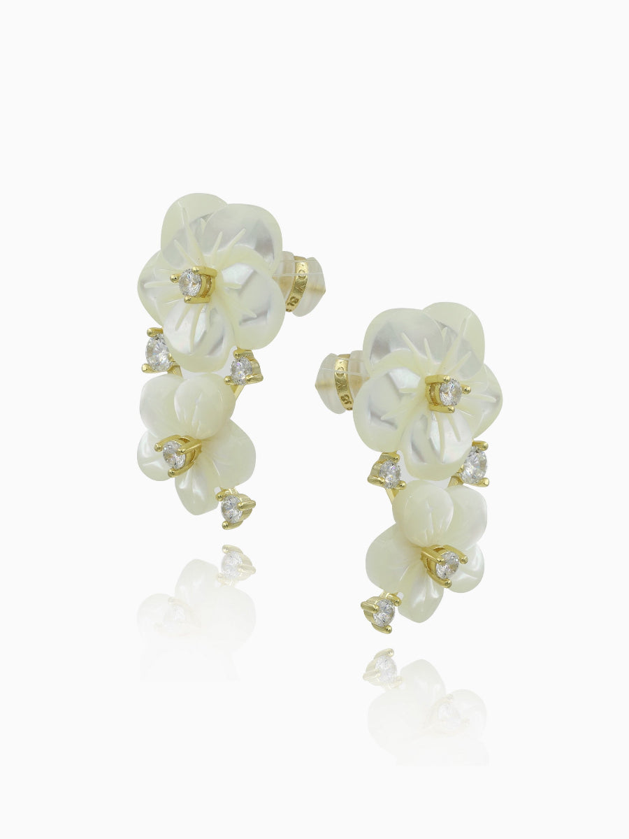 Carved Mother of Pearl Double Flower CZ Earrings
