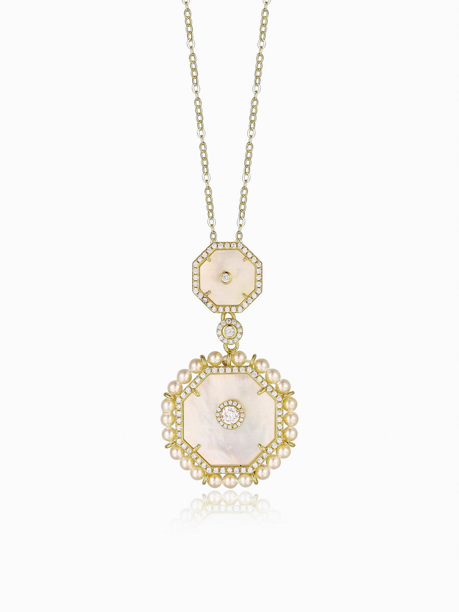 Mother of Pearl Double Octagon White CZ Necklace