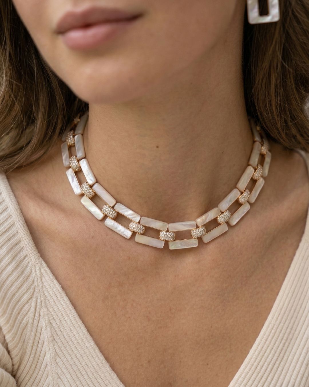 Square Shape MOP CZ Link Necklace
