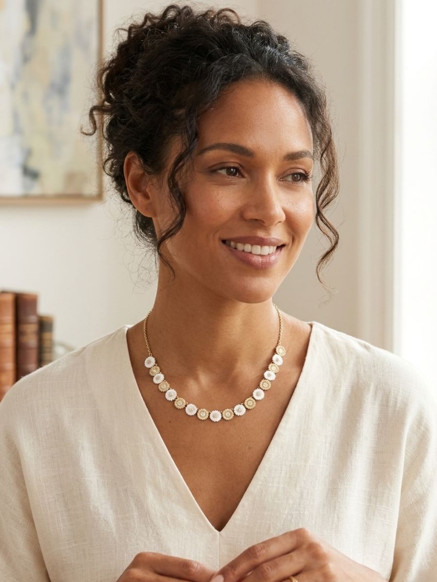 Mother of Pearl Gold Daisy Flower Statement Necklace