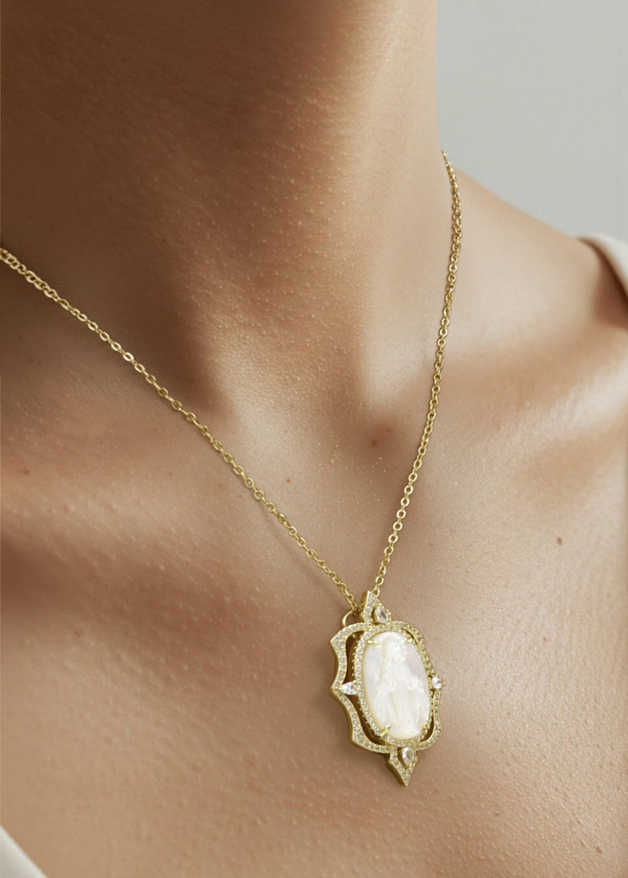 Mother of Pearl With CZ Virgin Mary Pendant