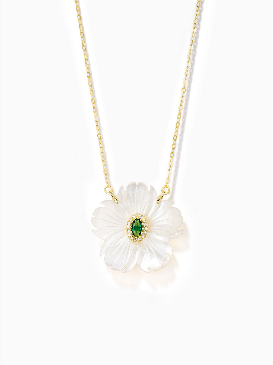 Floral Mother of Pearl with Green/Red CZ Pendant Necklace