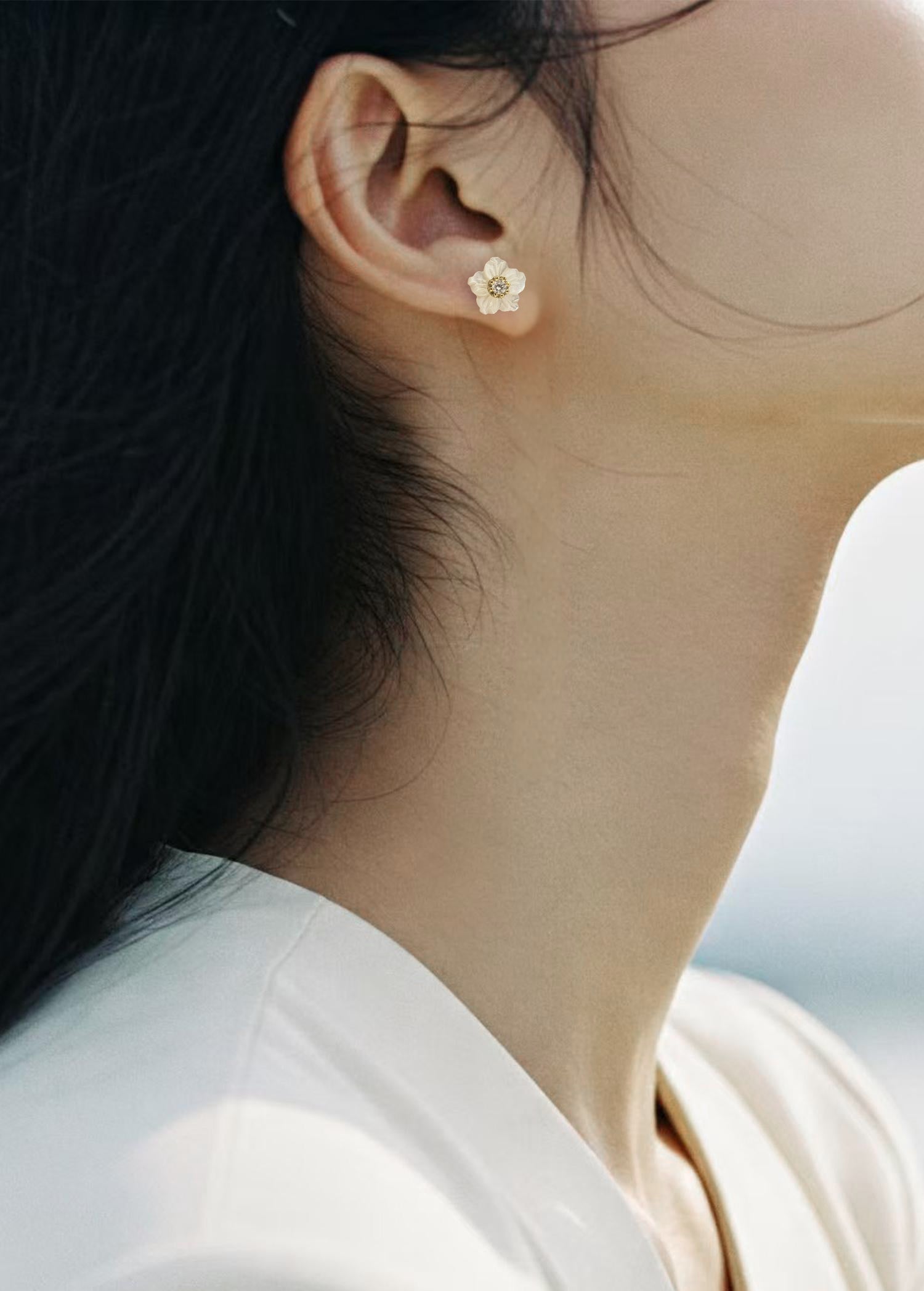 Mother of Pearl Orchid Flower with CZ Studs Earrings