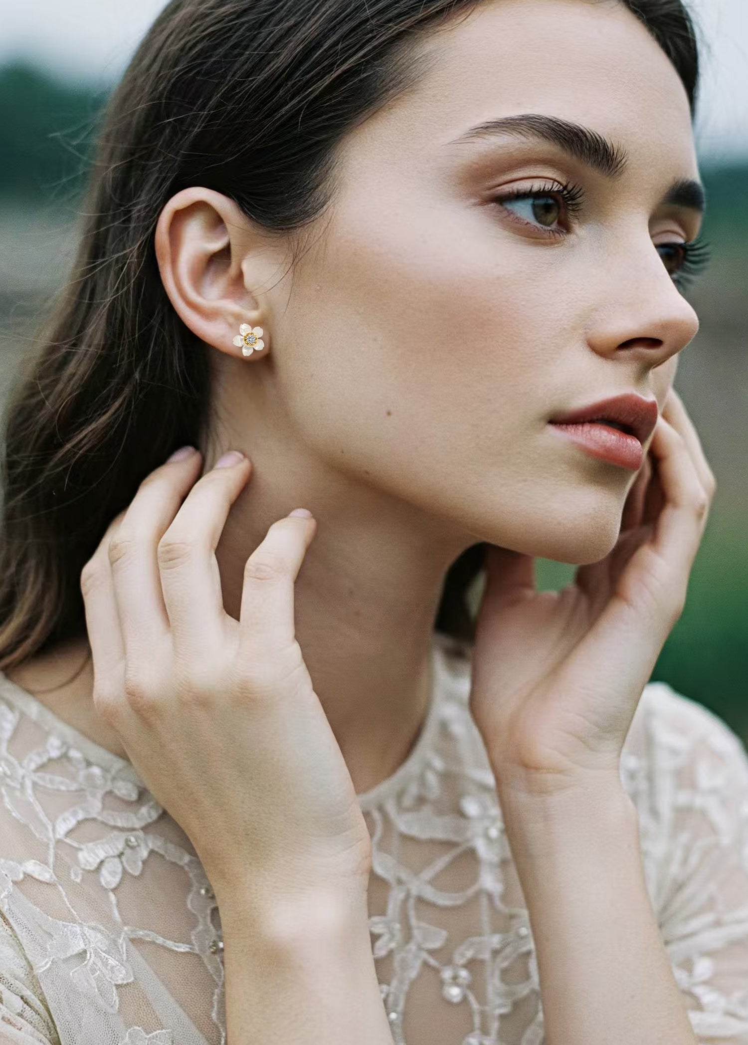 Small Carved Mother of Pearl Flower Stud Earrings
